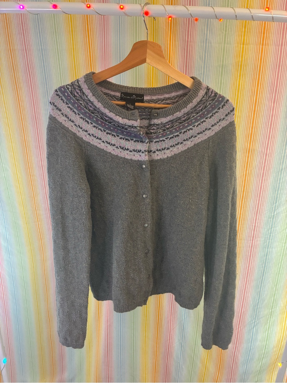 Mercer & Madison grey Angora knit cardigan w/ lavender trim, size L - Picture 8 of 8